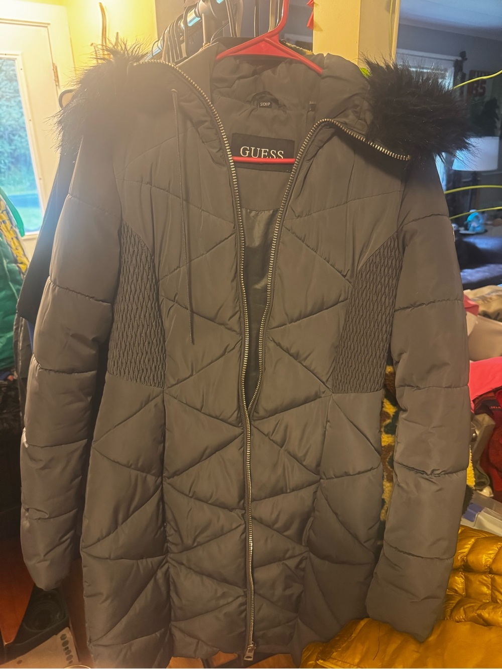 GUESS Women's Black Quilted Hooded Puffer Coat with Faux Fur Trim